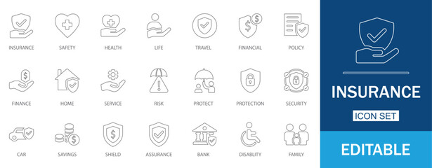 Insurance Line Icon set. Features icons of assurance, help, human, injury, and, property. Perfect for insurance websites, banking, and financial reports.