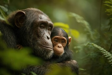 Chimpanzee mother hugs her baby close, in a lush, green forest setting. Showcases animal bond and conservation needs.