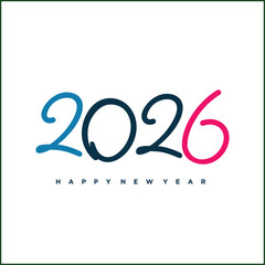 Creative Happy New Year 2026 text logo design. Modern handwritten calligraphy script in blue and pink for a holiday greeting card or banner