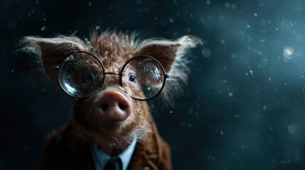 A whimsical image of a pig in glasses and a suit, creating a humorous yet sophisticated character that blends nature with human-like attributes in a whimsical composition.