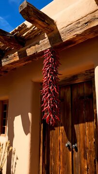 Hanging Red Chili Peppers Ristra on Adobe Building, New Mexico