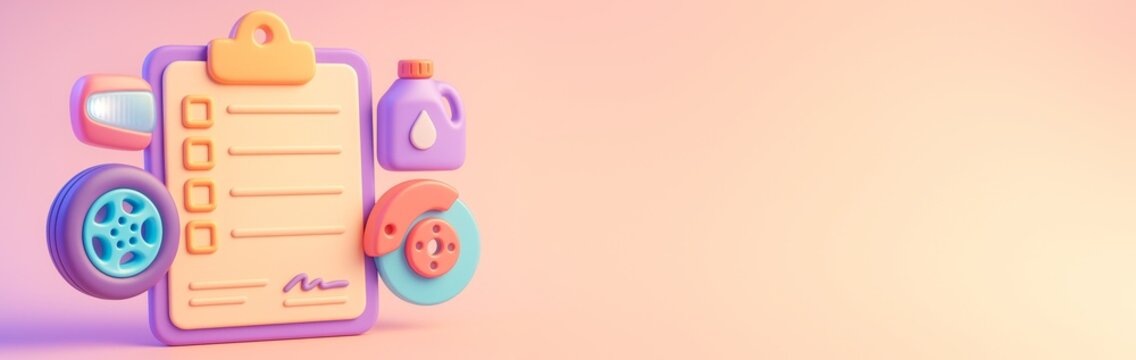 Car maintenance checklist concept with clipboard and auto parts on soft gradient background, ideal for banner or poster design with copy space. Ai generative