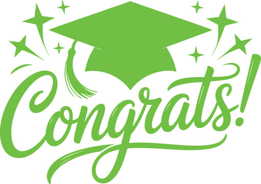 Green graduation cap vector with sparkles and “Congrats!” text in cursive, ideal for festive academic celebration designs.