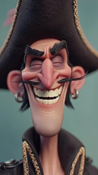 A 3D animated pirate with a toothy grin and one eyebrow raised