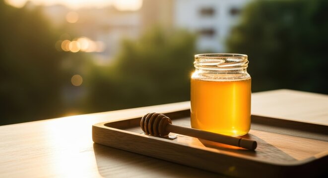 Golden honey jar and dipper bathed in warm sunlight - Powered by Adobe