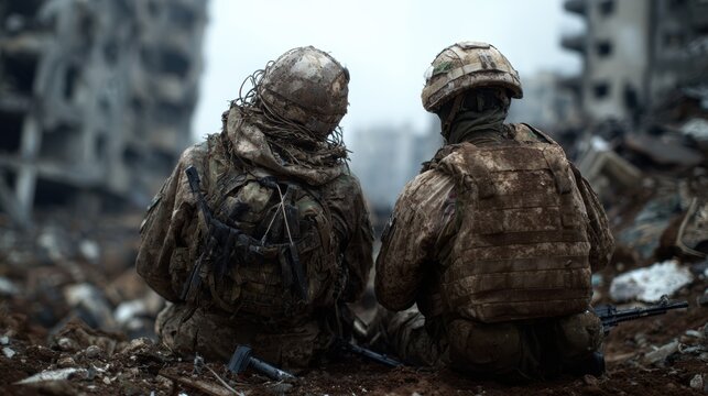 Two soldiers sit in silence amidst a devastated landscape, symbolizing the toll of war on humanity, showcasing themes of bravery, loss, and resilience in challenging times.