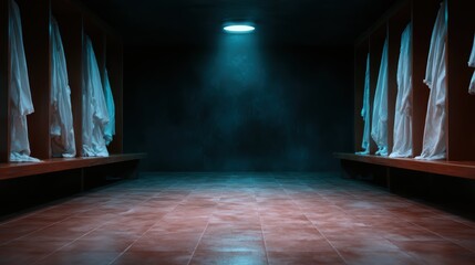 A hauntingly beautiful empty locker room shadows cast by dramatic overhead lighting, evoking feelings of solitude and anticipation waiting for its occupants.