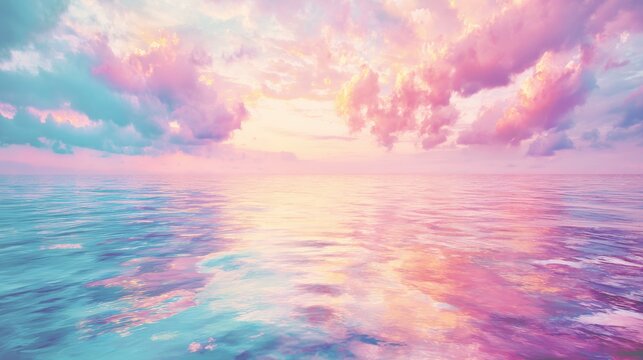 Serene sunset over calm ocean with pastel colors reflecting on water