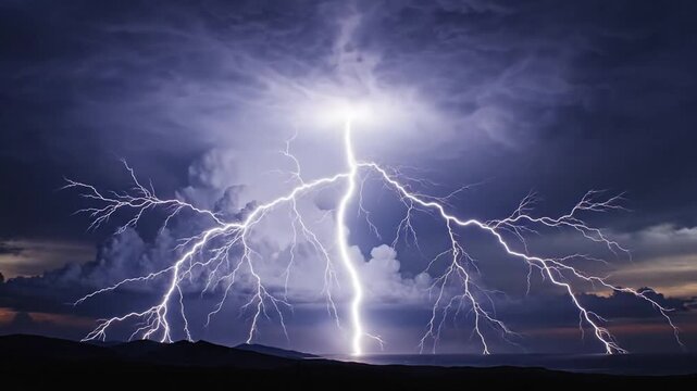 Intense Forked Lightning Strikes Ocean During Severe Night Thunderstorm