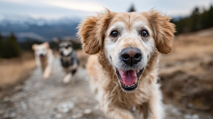 A joyful golden retriever runs excitedly on a trail surrounded by nature, capturing the essence of freedom and happiness that pets experience in the great outdoors.