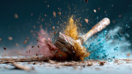 This dynamic image of a hammer striking a surface releases a vibrant explosion of colored dust, symbolizing creativity and the power of action in artistic expression.