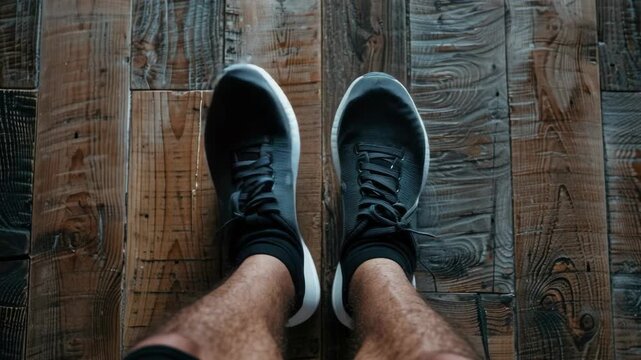 A pair of athletic sneakers with laces tied and soles facing upwards.