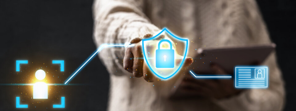 Woman holding a digital tablet. Conceptual representation of data protection, cyber security, and digital identity management, using modern glowing symbols and icons.