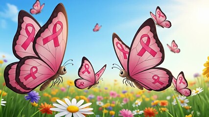 Pink Ribbon Butterflies Flying in a Vibrant Flower Field.