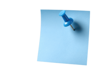Blue paper note with blue pushpin attached against black background sticky memo, Isolated On Transparent Background, Png Cut Out