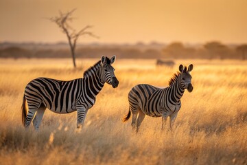 Naklejka premium Zebras in Golden Light A Serene African Safari Scene at Sunset with Silhouetted Elegance