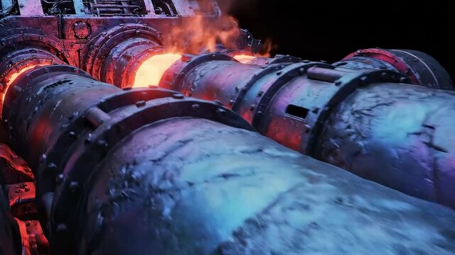 Intense 3d render of rough metal industrial pipes glowing fiery orange against cold blue light.