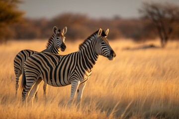 Striking Zebras Together at Sunset in the Golden Savanna A Wildlife Moment Captured in Serene Harmony