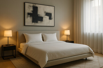 A bedroom featuring a bed with white linens, two lamps, and an abstract painting on the wall above it