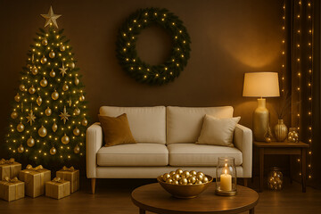 Christmas tree with lights and ornaments next to a couch with a wreath on the wall behind it