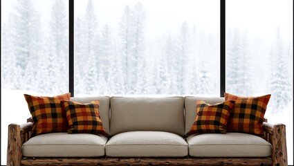 Cozy sofa with plaid pillows and snowy winter forest backdrop design