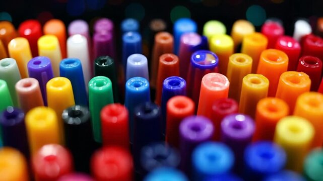 Close-up of colorful marker caps in a variety of colors, arranged in rows.