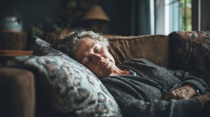 Senior woman napping peacefully on living room couch