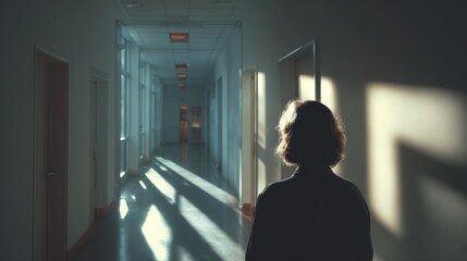 Woman standing in long hallway filled with shadows