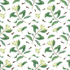 Obraz premium Dried brown cloves and blooming green plant watercolor seamless pattern on isolated background. Aromatic clove branch with fresh unripe buds illustration. Spice ornate for mulled wine decor, textile.