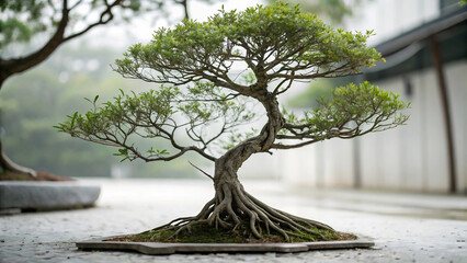 Ancient Japanese Bonsai Tree with Twisted Trunk and Roots