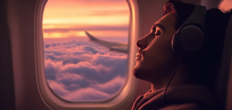 The passenger resting with headphones beside a sunlit airplane window above pink clouds at sunset