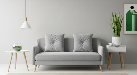 Modern living room with grey sofa and plant