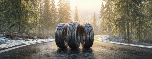 The tires standing on a wet forest road with morning sunlight and snow