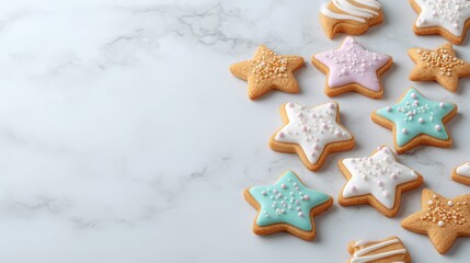Colorful star-shaped cookies arranged on a marble surface, perfect for festive occasions.