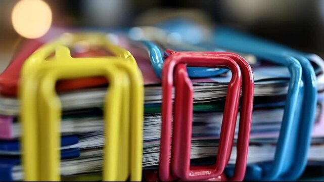Close-up of a stack of documents held together by colorful binder clips, shallow depth of field.