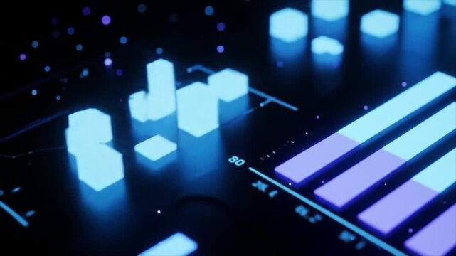 Futuristic Blue and Purple Bar Graphs and Data Points on Dark Digital Background chart statistics