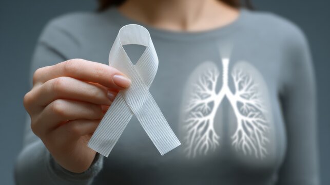 Woman holding white ribbon for lung health awareness