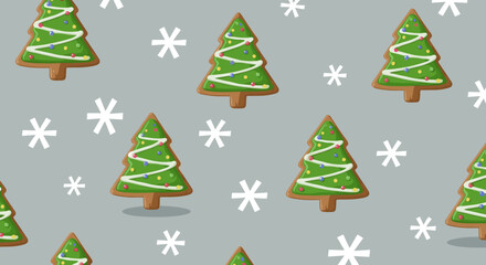Obraz premium Seamless pattern of festive Christmas tree gingerbread cookies with icing and sprinkles on a grey background, surrounded by white snowflakes.