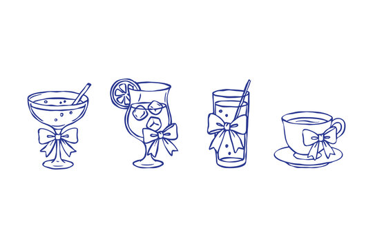 Set of coquette drinks and cocktails. Vector hand drawn cute glasses with ribbon and bow for menu in linear and sketch style illustration. Trendy art for bachelorette party and wedding invitations