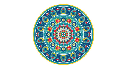 Vibrant and intricately detailed circular mandala design featuring a rich array of floral, paisley, and geometric patterns in bright colors.