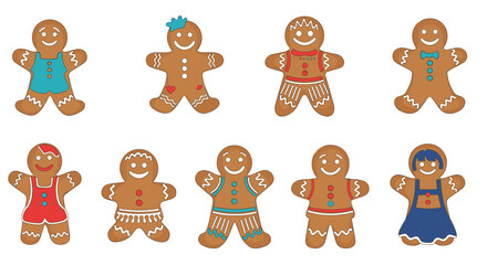 A collection of ten cheerful gingerbread cookies, each uniquely decorated in vibrant icing, standing on a white background, perfect for holiday themes.