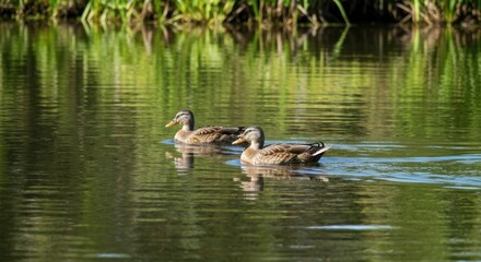 Two ducks glide serenely on a calm body of water, reflections present