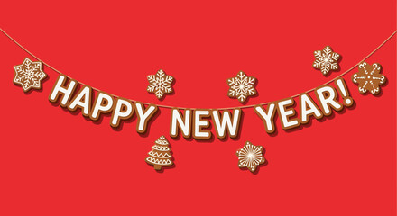 A festive string of gingerbread cookies spelling 'Happy New Year!' with additional snowflake and Christmas tree shapes, against a vibrant red background.