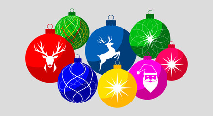 A festive collection of colorful Christmas ornaments featuring classic holiday symbols like deer, Santa Claus, and decorative patterns.