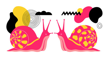 Two vibrant pink snails with yellow spotted shells face each other, surrounded by an array of modern abstract shapes and colorful elements on white.