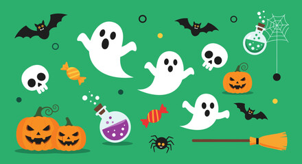 A vibrant flat design illustration of classic Halloween symbols like ghosts, pumpkins, bats, and potions, playfully arranged on a lively green background.