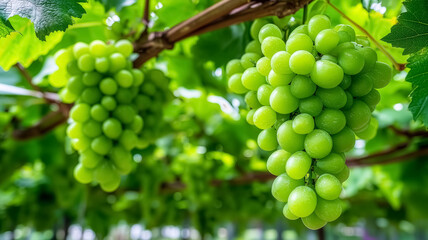 Clusters of fresh green grapes hang from lush green vines in a vineyard. Bright sunny day with vibrant foliage creates a healthy agricultural setting