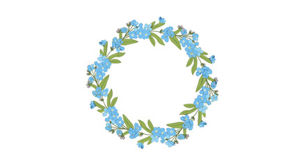 A delicate blue forget-me-not flower wreath with green leaves, illustrated in a charming watercolor style on a crisp white background.