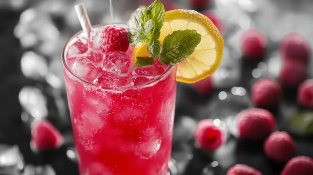 A refreshing summer beverage with a vibrant pink hue from fresh raspberries and strawberries, garnished with a lemon twist.