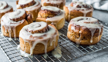 Freshly baked cinnamon rolls with creamy icing on a wire rack, ready to be enjoyed.